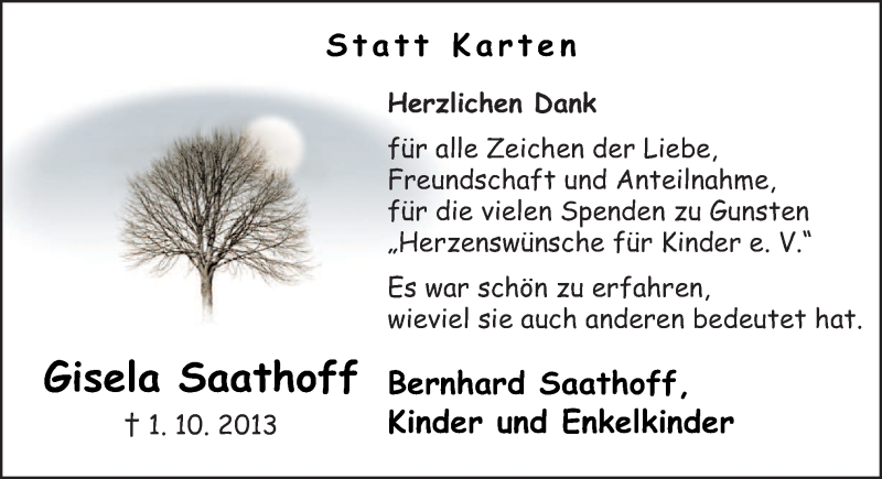  Traueranzeige für Gisela Saathoff vom 16.11.2013 aus Neue Osnabrücker Zeitung GmbH & Co. KG