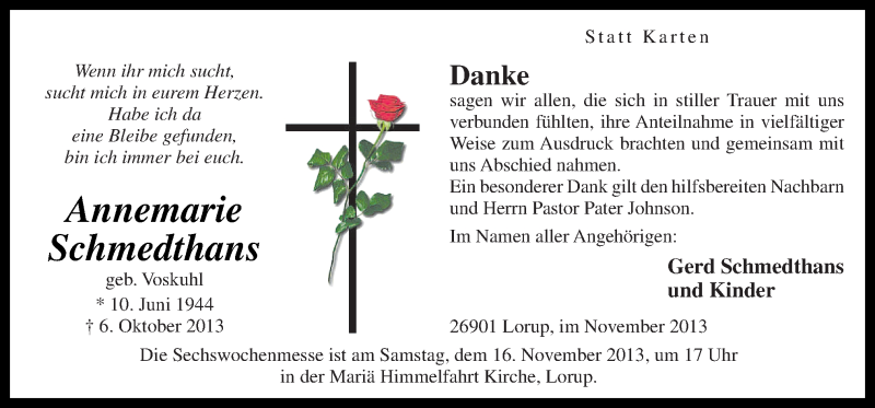  Traueranzeige für Annemarie Schmedthans vom 13.11.2013 aus Neue Osnabrücker Zeitung GmbH & Co. KG