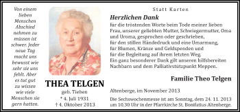 Traueranzeige von Thea Telgen von Neue Osnabrücker Zeitung GmbH & Co. KG