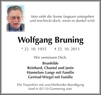 Traueranzeige von Wolfgang Bruning von Neue Osnabrücker Zeitung GmbH & Co. KG