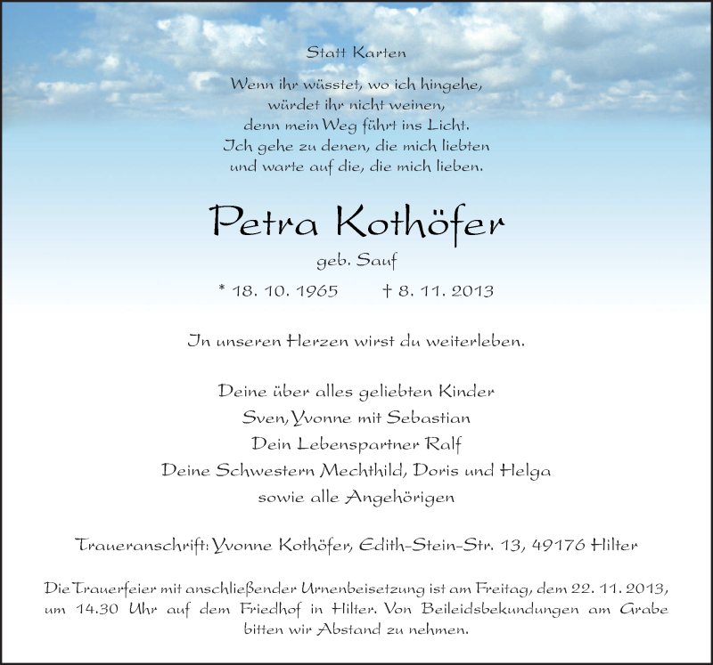  Traueranzeige für Petra Kothöfer vom 16.11.2013 aus Neue Osnabrücker Zeitung GmbH & Co. KG
