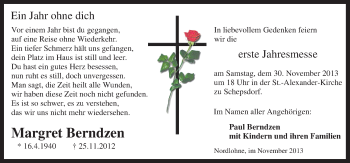 Traueranzeige von Margret Berndzen von Neue Osnabrücker Zeitung GmbH & Co. KG