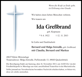 Traueranzeige von Ida Greßbrand von Neue Osnabrücker Zeitung GmbH & Co. KG