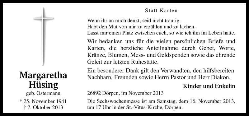  Traueranzeige für Margaretha Hüsing vom 15.11.2013 aus Neue Osnabrücker Zeitung GmbH & Co. KG