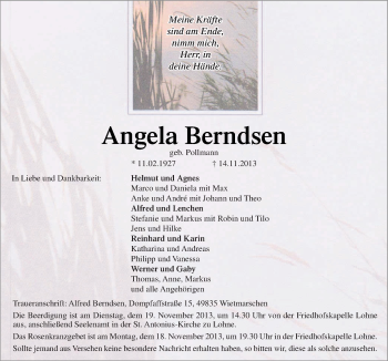 Traueranzeige von Angela Berndsen von Neue Osnabrücker Zeitung GmbH & Co. KG