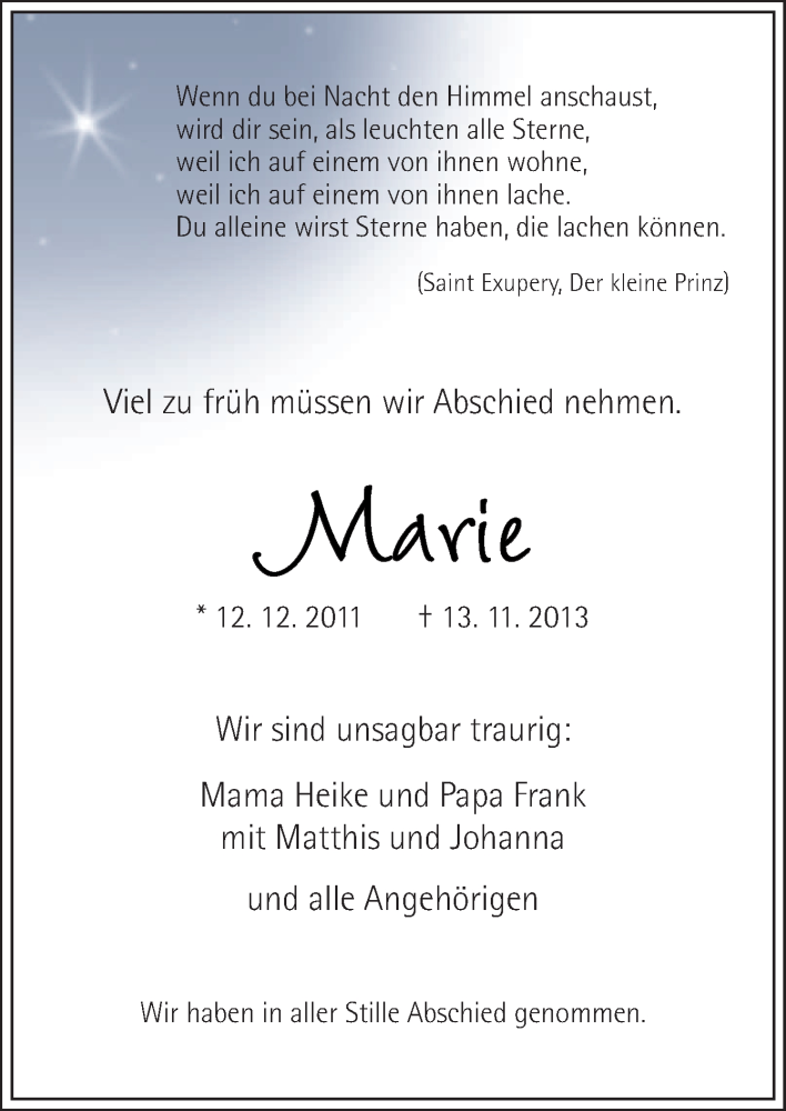  Traueranzeige für Marie  vom 20.11.2013 aus Neue Osnabrücker Zeitung GmbH & Co. KG