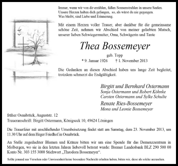 Traueranzeige von Thea Bossmeyer von Neue Osnabrücker Zeitung GmbH & Co. KG