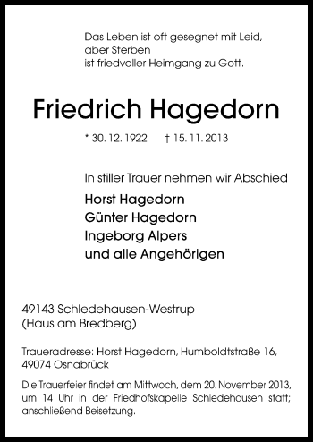 Traueranzeige von Friedrich Hagedorn von Neue Osnabrücker Zeitung GmbH & Co. KG