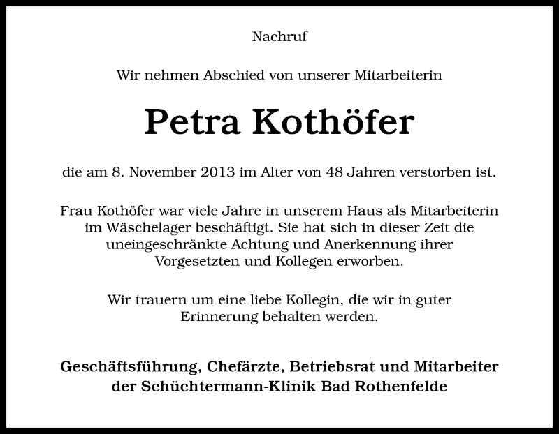  Traueranzeige für Petra Kothöfer vom 18.11.2013 aus Neue Osnabrücker Zeitung GmbH & Co. KG