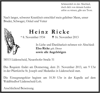Traueranzeige von Heinz Ricke von Neue Osnabrücker Zeitung GmbH & Co. KG