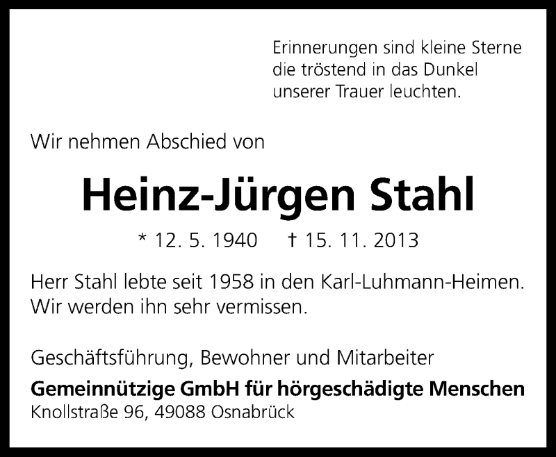  Traueranzeige für Heinz-Jürgen Stahl vom 19.11.2013 aus Neue Osnabrücker Zeitung GmbH & Co. KG
