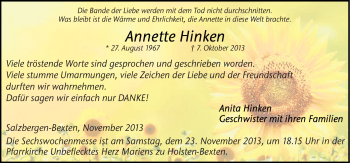 Traueranzeige von Annette Hinken von Neue Osnabrücker Zeitung GmbH & Co. KG