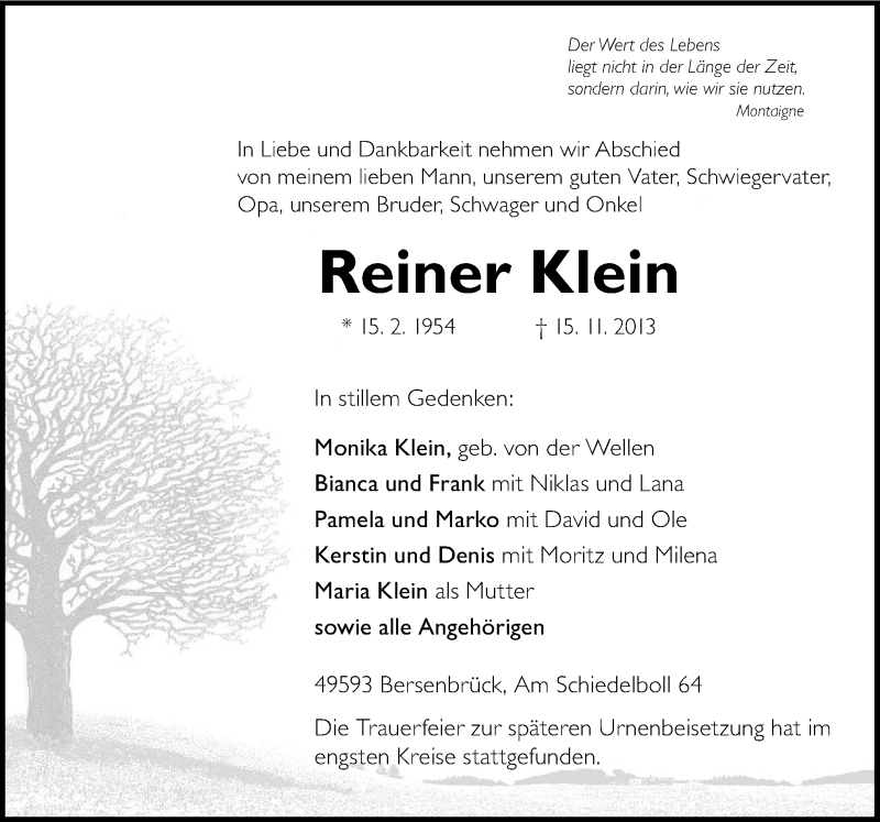  Traueranzeige für Reiner Klein vom 20.11.2013 aus Neue Osnabrücker Zeitung GmbH & Co. KG