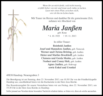 Traueranzeige von Maria Janßen von Neue Osnabrücker Zeitung GmbH & Co. KG