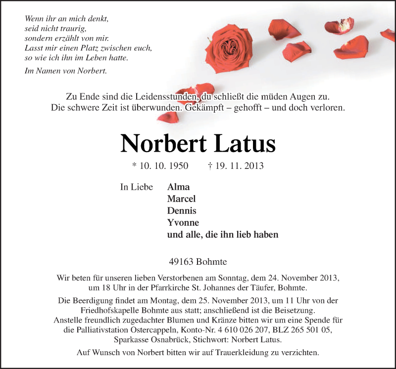 Traueranzeige für Norbert Latus vom 22.11.2013 aus Neue Osnabrücker Zeitung GmbH & Co. KG