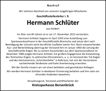 Traueranzeige von Hermann Schlüter von Neue Osnabrücker Zeitung GmbH & Co. KG