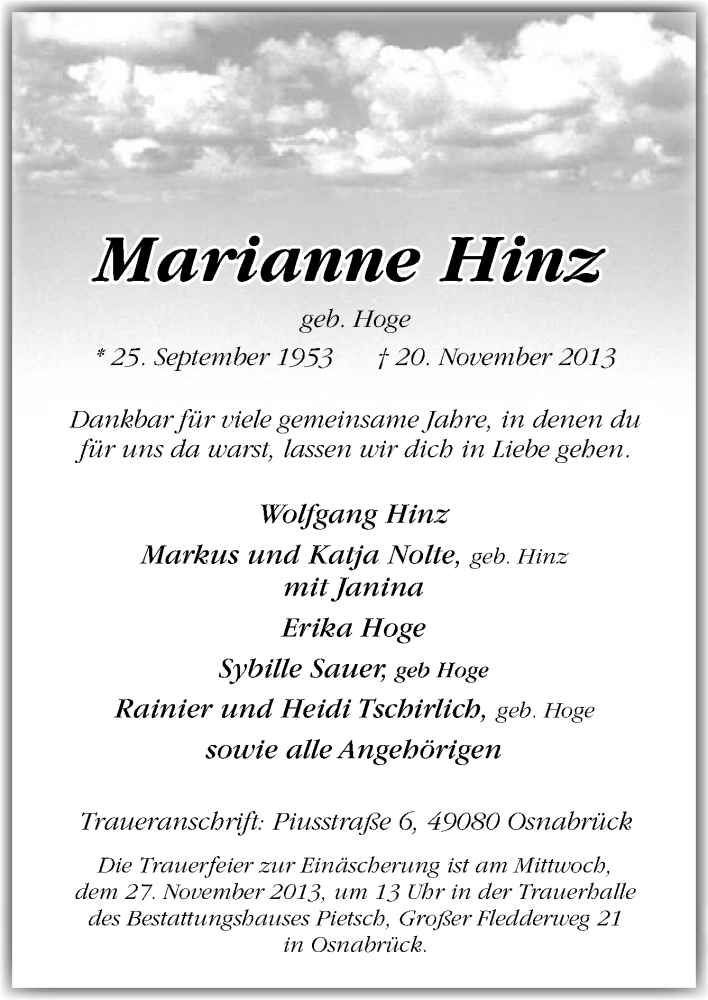  Traueranzeige für Marianne Hinz vom 23.11.2013 aus Neue Osnabrücker Zeitung GmbH & Co. KG