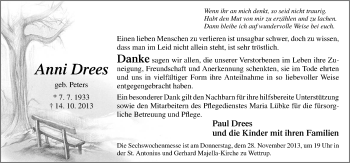 Traueranzeige von Anni Drees von Neue Osnabrücker Zeitung GmbH & Co. KG