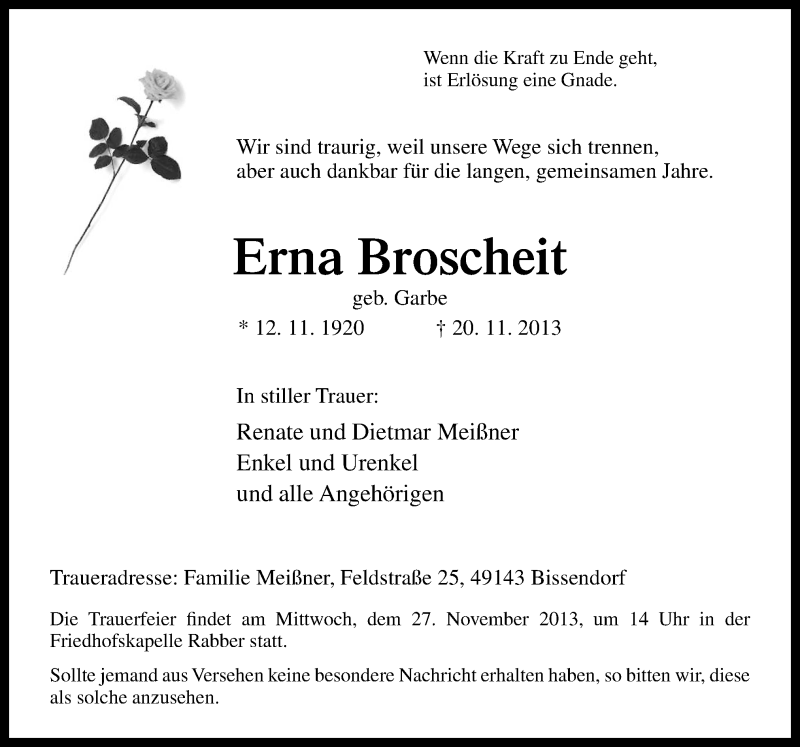  Traueranzeige für Erna Broscheit vom 23.11.2013 aus Neue Osnabrücker Zeitung GmbH & Co. KG