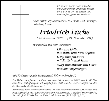 Traueranzeige von Friedrich Lücke von Neue Osnabrücker Zeitung GmbH & Co. KG