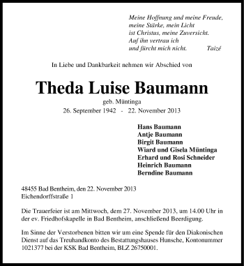 Traueranzeige von Theda Luise Baumann von Neue Osnabrücker Zeitung GmbH & Co. KG