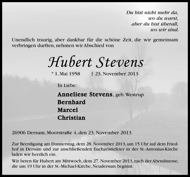  Traueranzeige für Hubert Stevens vom 25.11.2013 aus Neue Osnabrücker Zeitung GmbH & Co. KG