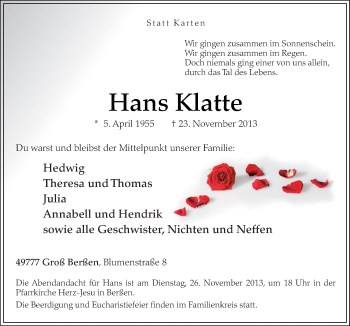 Traueranzeige von Hans Klatte von Neue Osnabrücker Zeitung GmbH & Co. KG