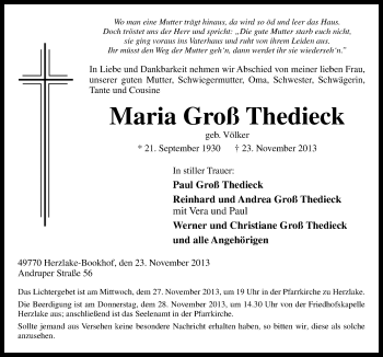 Traueranzeige von Maria Groß Thedieck von Neue Osnabrücker Zeitung GmbH & Co. KG