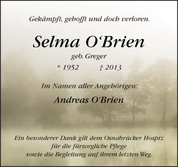 Traueranzeige von Selma O‘Brien von Neue Osnabrücker Zeitung GmbH & Co. KG