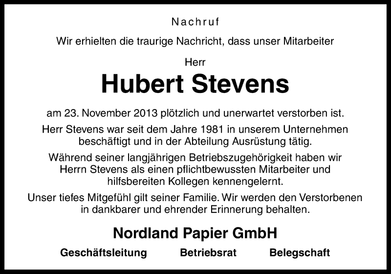  Traueranzeige für Hubert Stevens vom 26.11.2013 aus Neue Osnabrücker Zeitung GmbH & Co. KG