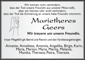 Traueranzeige von Marietheres Geers von Neue Osnabrücker Zeitung GmbH & Co. KG