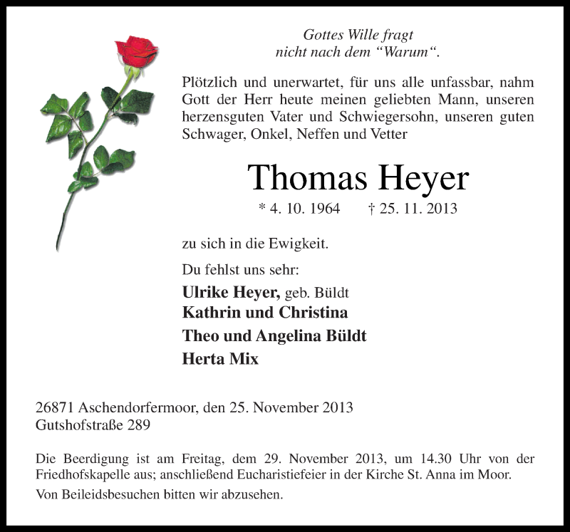  Traueranzeige für Thomas Heyer vom 27.11.2013 aus Neue Osnabrücker Zeitung GmbH & Co. KG