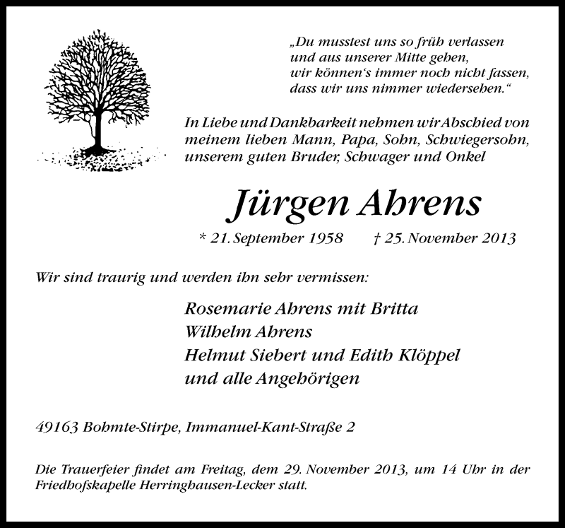  Traueranzeige für Jürgen Ahrens vom 27.11.2013 aus Neue Osnabrücker Zeitung GmbH & Co. KG
