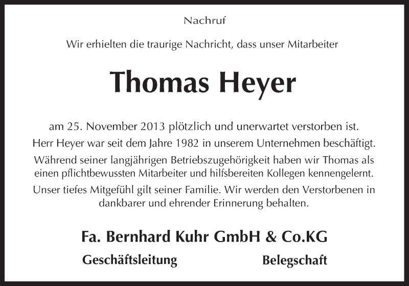  Traueranzeige für Thomas Heyer vom 29.11.2013 aus Neue Osnabrücker Zeitung GmbH & Co. KG