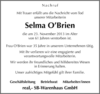 Traueranzeige von Selma O’Brien von Neue Osnabrücker Zeitung GmbH & Co. KG