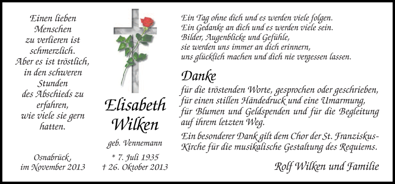  Traueranzeige für Elisabeth Wilken vom 30.11.2013 aus Neue Osnabrücker Zeitung GmbH & Co. KG