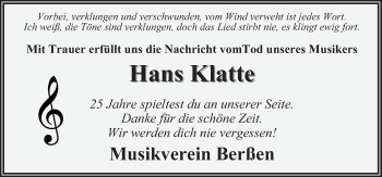 Traueranzeige von Hans Klatte von Neue Osnabrücker Zeitung GmbH & Co. KG