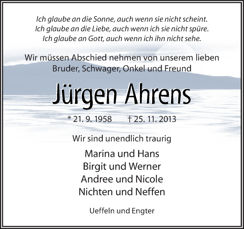  Traueranzeige für Jürgen Ahrens vom 28.11.2013 aus Neue Osnabrücker Zeitung GmbH & Co. KG
