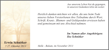 Traueranzeige von Erwin Schnitker von Neue Osnabrücker Zeitung GmbH & Co. KG