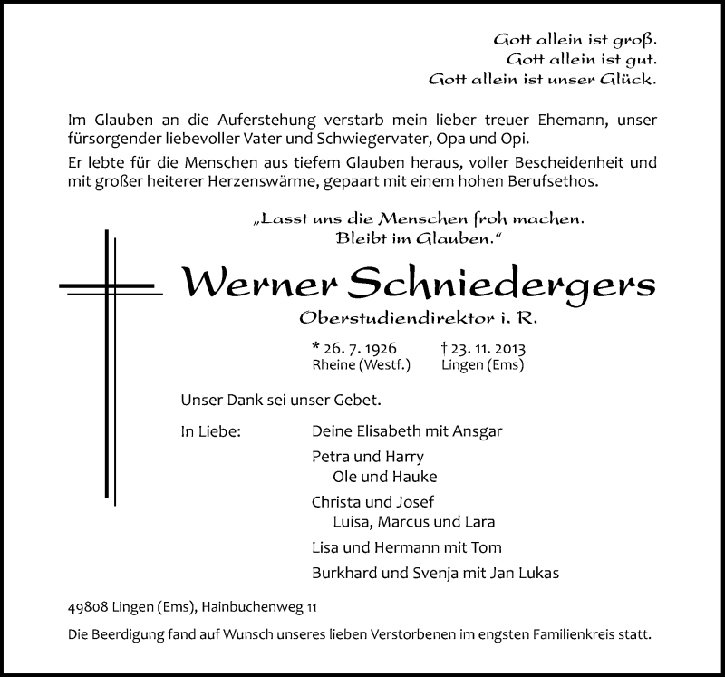  Traueranzeige für Werner Schniedergers vom 30.11.2013 aus Neue Osnabrücker Zeitung GmbH & Co. KG