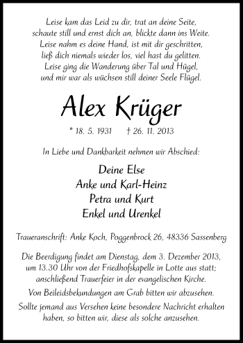 Traueranzeige von Alex Krüger von Neue Osnabrücker Zeitung GmbH & Co. KG