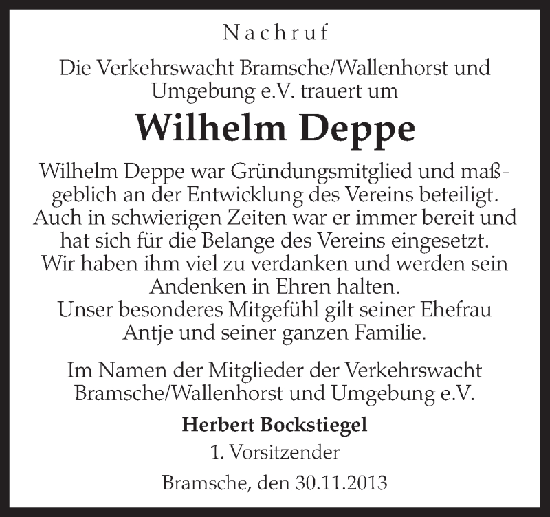  Traueranzeige für Wilhelm Deppe vom 30.11.2013 aus Neue Osnabrücker Zeitung GmbH & Co. KG