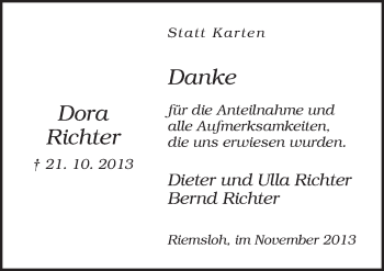 Traueranzeige von Dora Richter von Neue Osnabrücker Zeitung GmbH & Co. KG