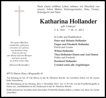 Traueranzeige von Katharina Hollander von Neue Osnabrücker Zeitung GmbH & Co. KG