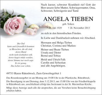 Traueranzeige von Angela Tieben von Neue Osnabrücker Zeitung GmbH & Co. KG