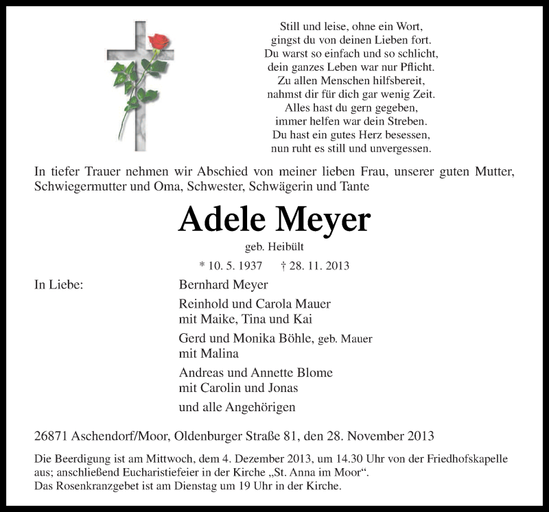  Traueranzeige für Adele Meyer vom 30.11.2013 aus Neue Osnabrücker Zeitung GmbH & Co. KG