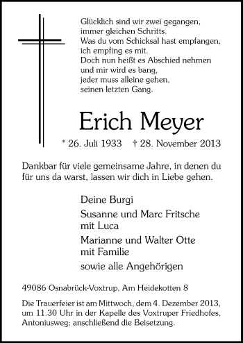 Traueranzeige von Erich Meyer von Neue Osnabrücker Zeitung GmbH & Co. KG