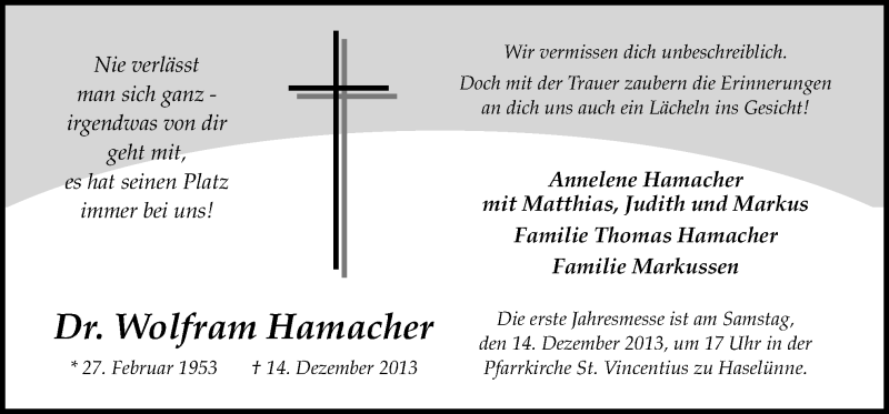 Traueranzeige für Wolfram Hamacher vom 11.12.2013 aus Neue Osnabrücker Zeitung GmbH & Co. KG