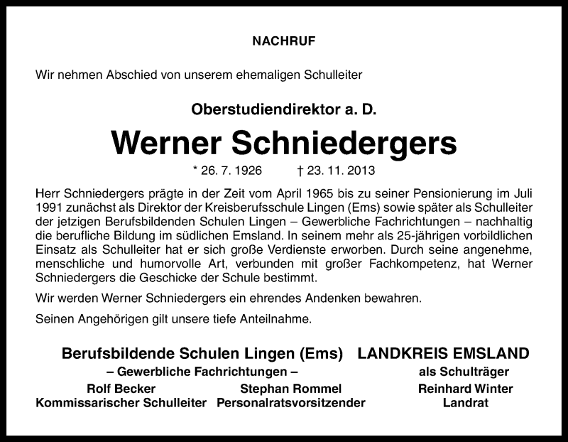  Traueranzeige für Werner Schniedergers vom 02.12.2013 aus Neue Osnabrücker Zeitung GmbH & Co. KG