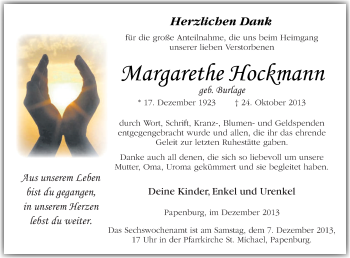 Traueranzeige von Margarethe Hockmann von Neue Osnabrücker Zeitung GmbH & Co. KG